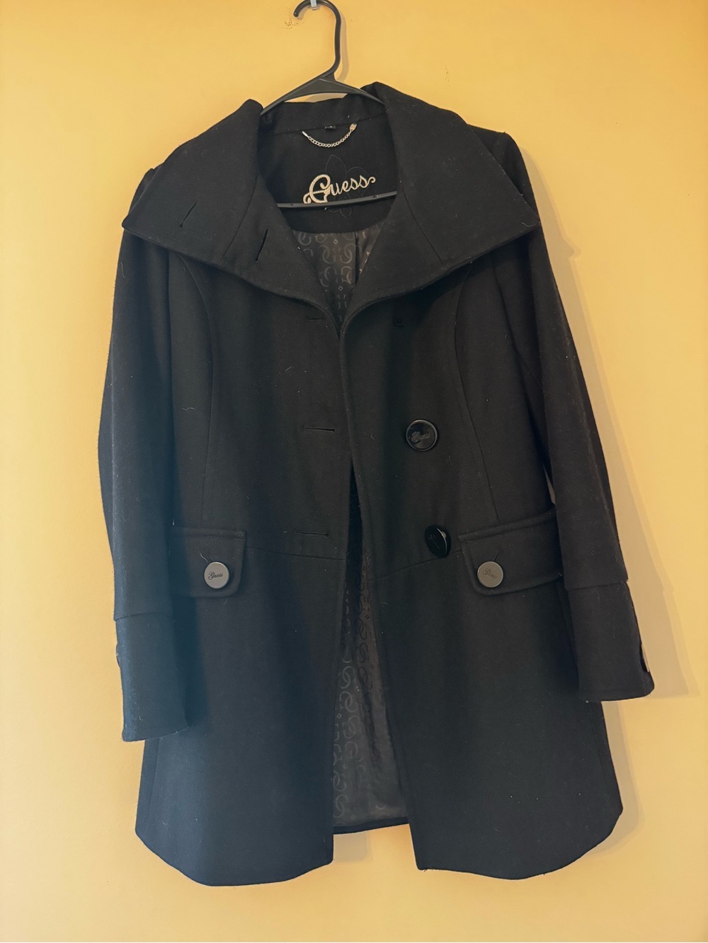 Guess Black Wool Pea Coat with Wide Collar